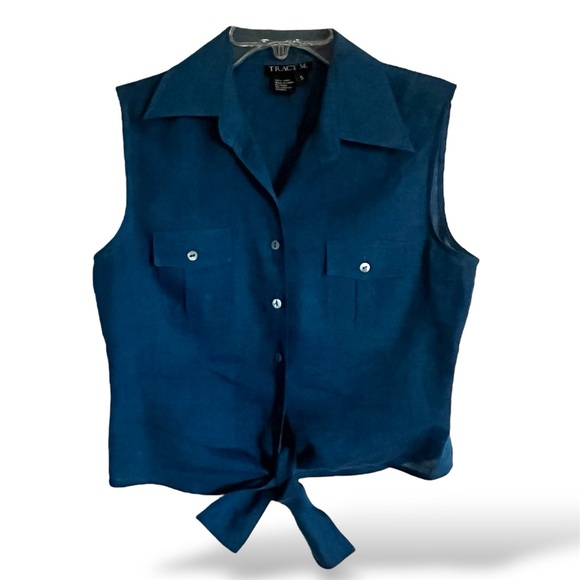 Tracy M 50's Linen Front-Knot Sleeveless Cleavage Friendly Top Perfect Condition - Picture 1 of 9